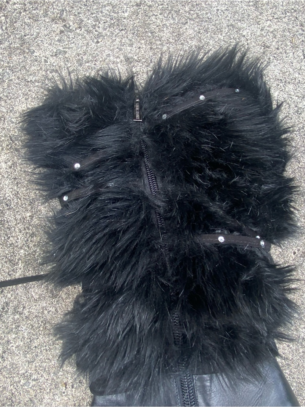 Y2K Black Leather & Fur Rhinestone Stiletto Boots Size 10 - Picture 8 of 8